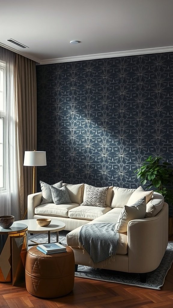 Living room featuring a dark patterned accent wall with a light-colored sofa and cozy decor.