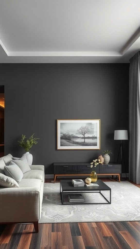 A stylish living room featuring a grey accent wall with modern furniture and decor.