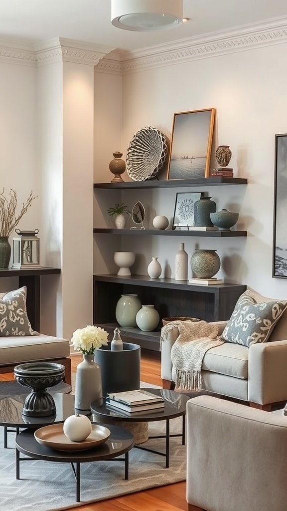 A stylish living room featuring grey furniture, decorative items, and a splash of color from a red rug.