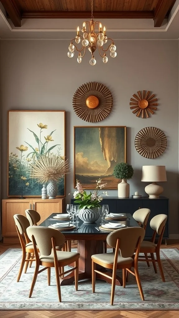Modern dining room featuring artful wall decor and elegant table setting.