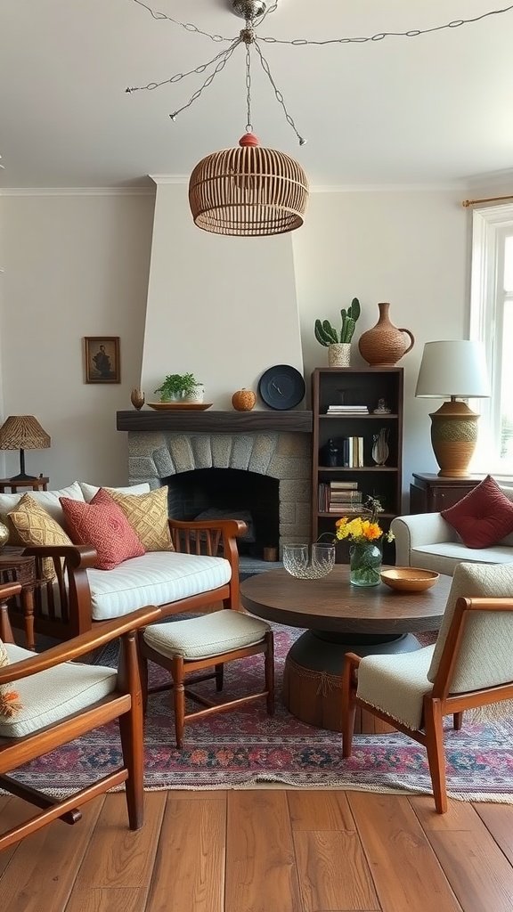 A cozy boho living room with artisan furniture and decor.