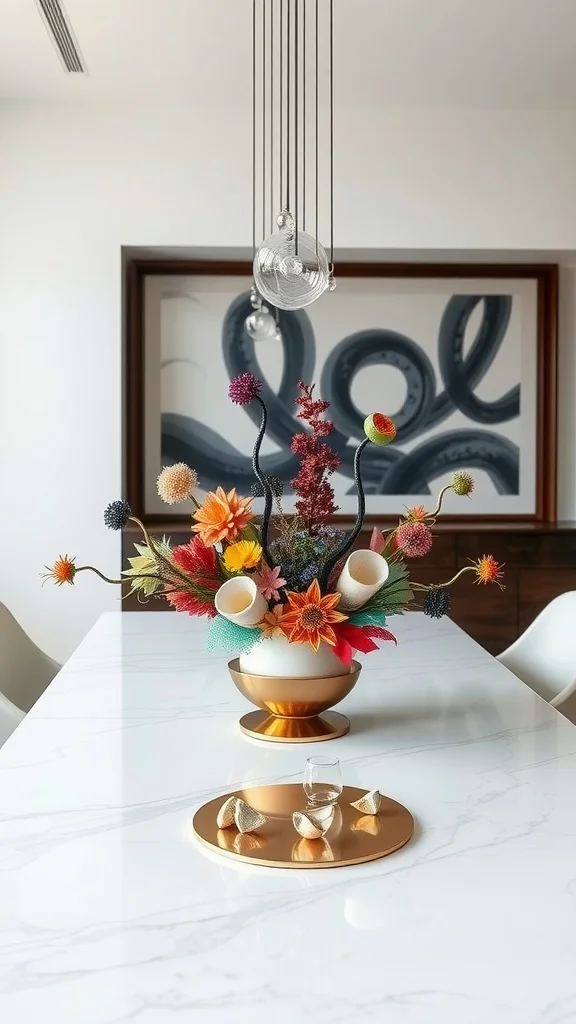 Artistic centerpiece featuring colorful faux flowers on a modern dining table