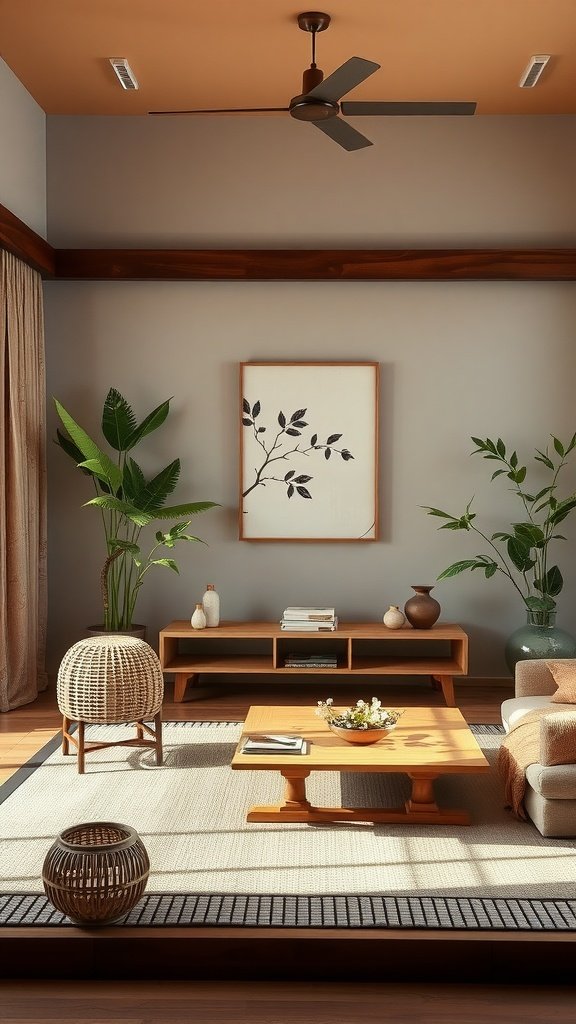 A cozy living room featuring bamboo elements and natural decor.