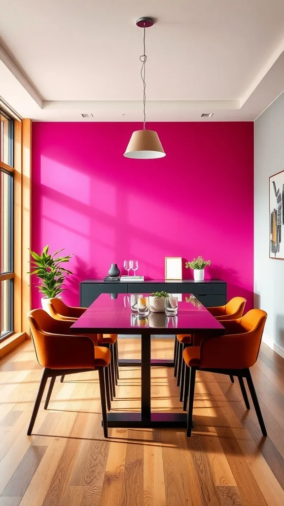 Dining room with a bold pink accent wall and modern furniture.