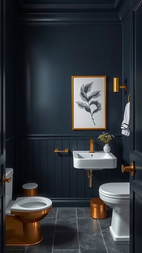 A stylish bathroom featuring deep navy walls, white fixtures, and gold accents.