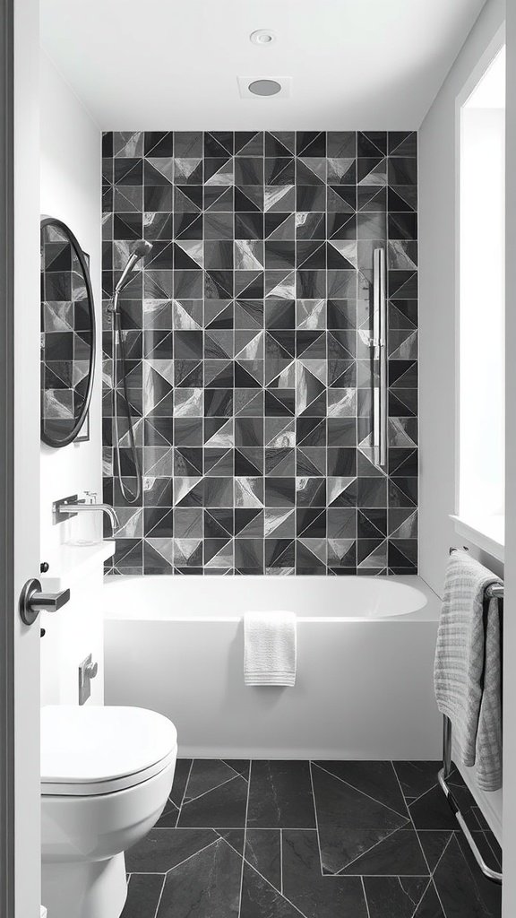 A modern bathroom with a geometric tile backsplash in shades of black and gray.