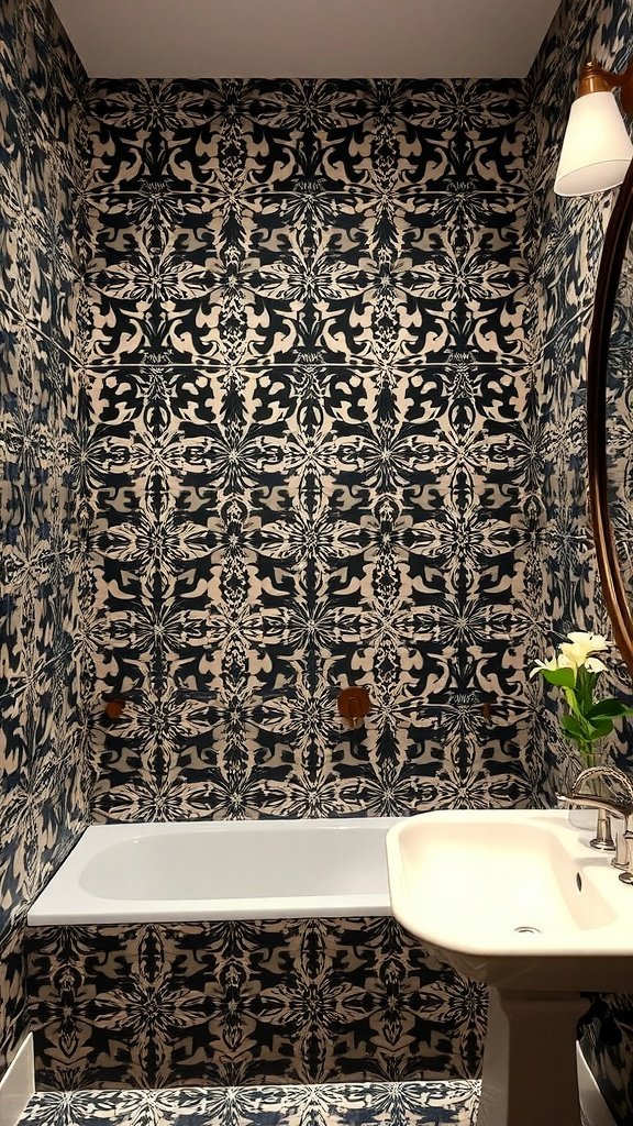 Bathroom with a dramatic patterned backsplash featuring intricate designs in blue and beige.