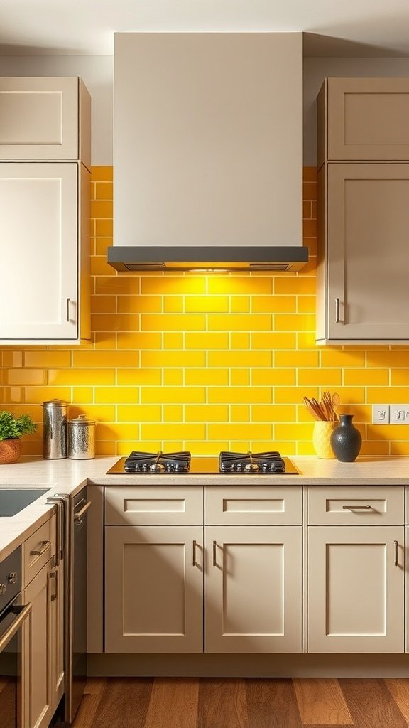 A kitchen featuring a bold yellow tile backsplash behind a stove and beige cabinets.