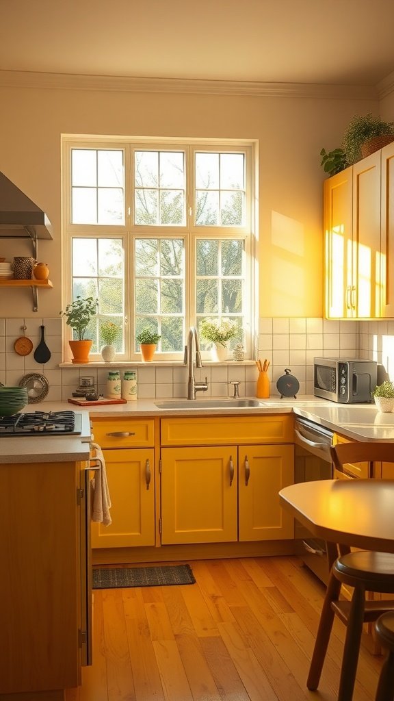 A bright kitchen featuring yellow cabinets and warm lighting.