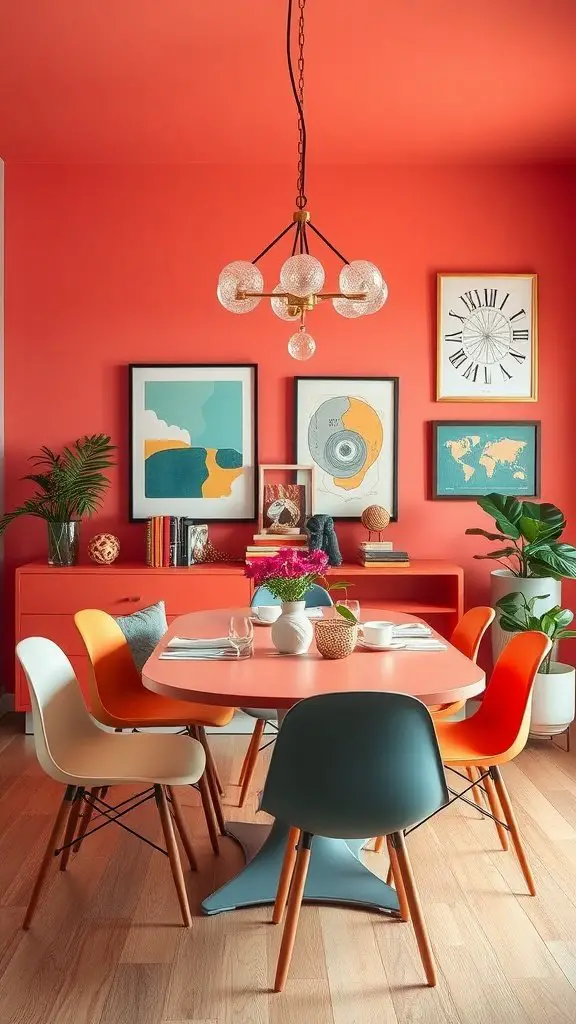 A dining room with bright coral walls, colorful chairs, and decorative artwork.