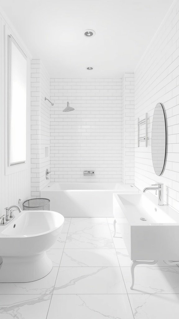 A bright and modern bathroom with white tiles and fixtures