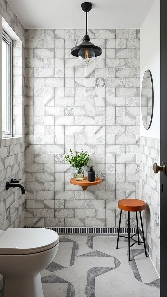 A modern bathroom featuring cement tiles with an industrial design.