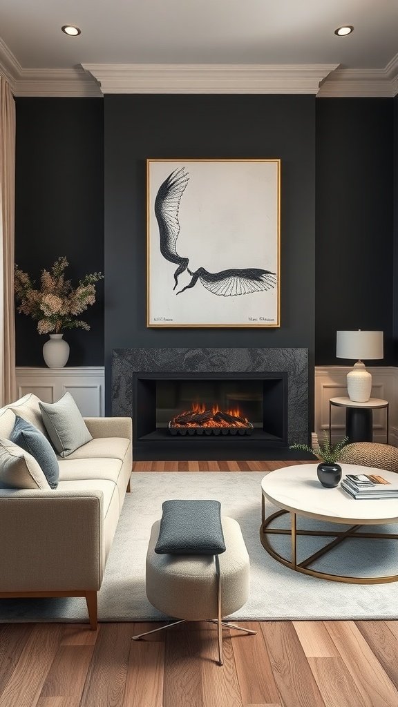 Cozy living room featuring charcoal walls and cream furniture.