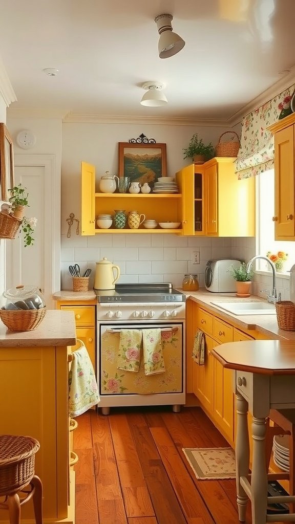 Charming yellow cottage style kitchen with wooden floors and floral accents