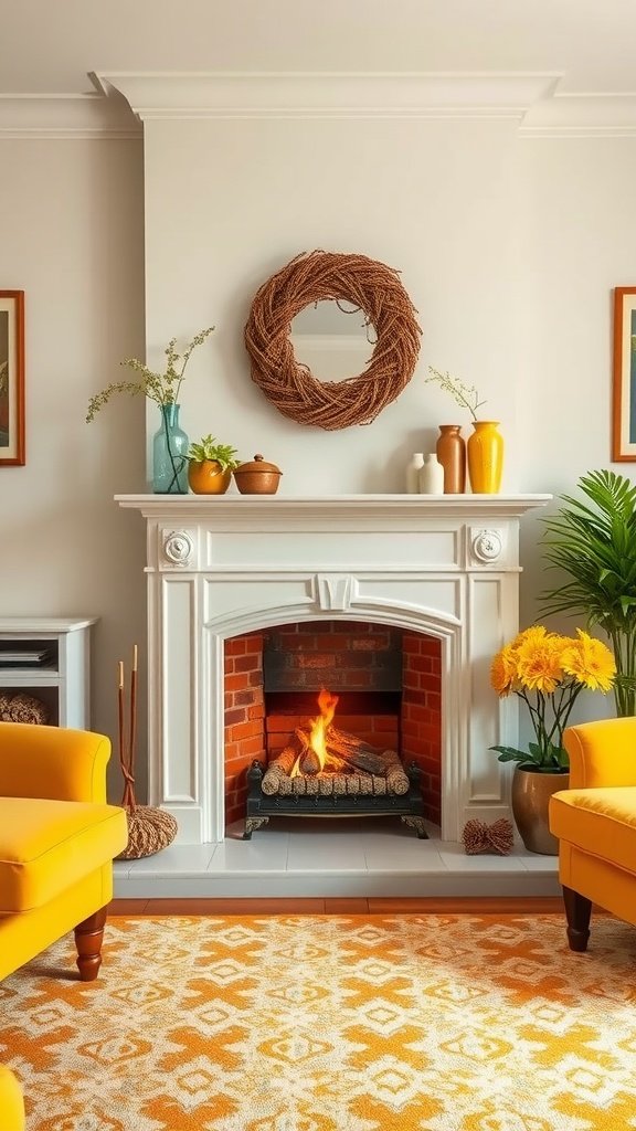 Cozy living room with yellow fireplace and furniture, featuring warm decor.