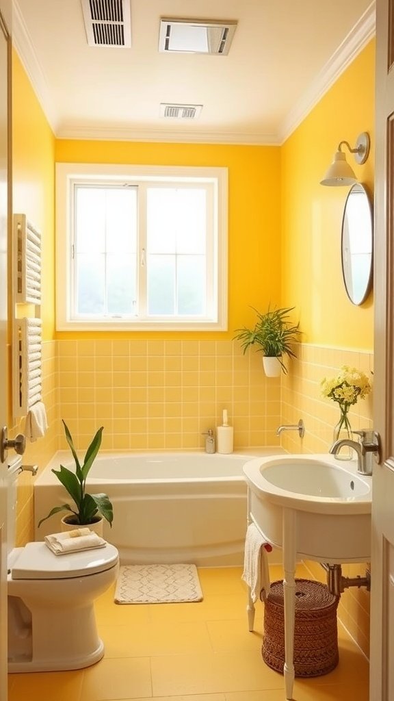 A bright lemon yellow bathroom with a bathtub and window, showcasing a sunny and inviting atmosphere.