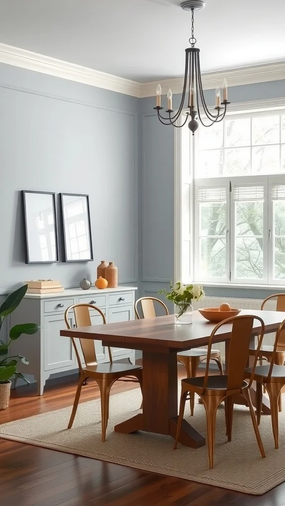 A dining room painted in a soft gray-blue color, featuring a wooden dining table and stylish chairs.
