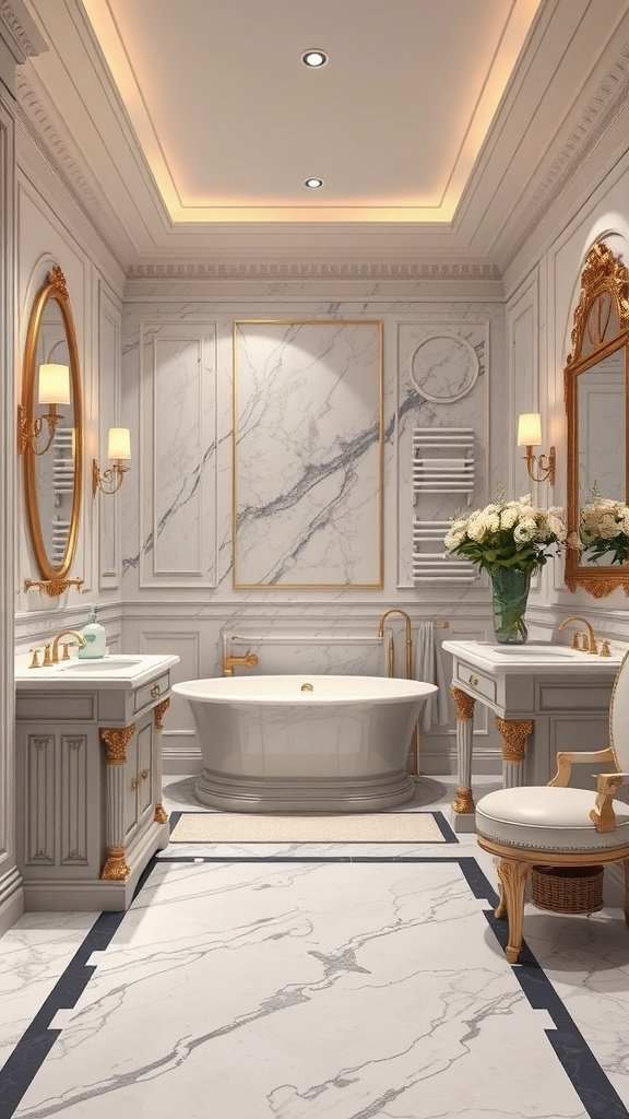 A luxurious bathroom featuring classic marble flooring, elegant fixtures, and stylish decor.