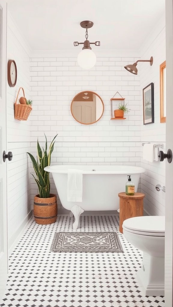 A stylish bathroom featuring classic subway tiles and patterned flooring.