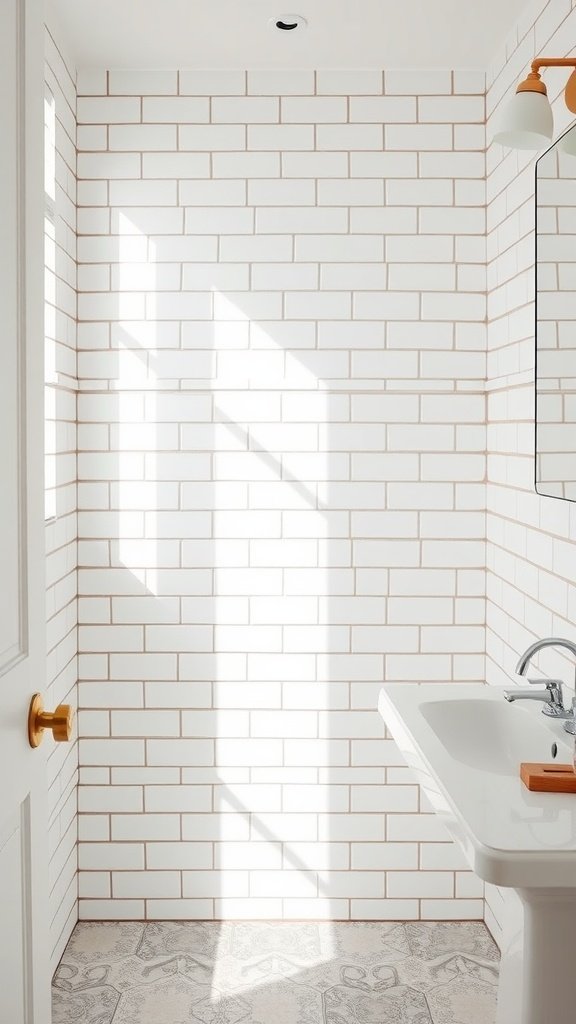 Bathroom showcasing classic white subway tiles with a light grout, featuring a modern sink and bright lighting.