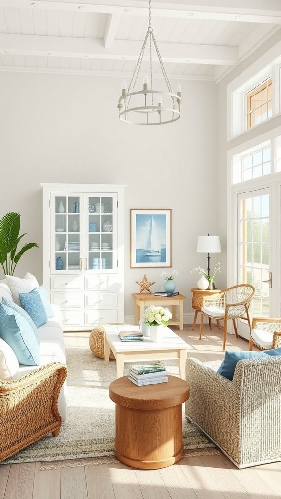 Cozy living room with coastal blue and white decor