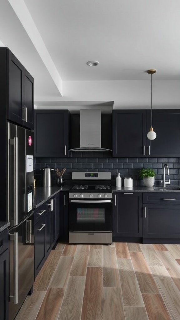 A modern kitchen featuring dark cabinets, a sleek stove, and light wood flooring.