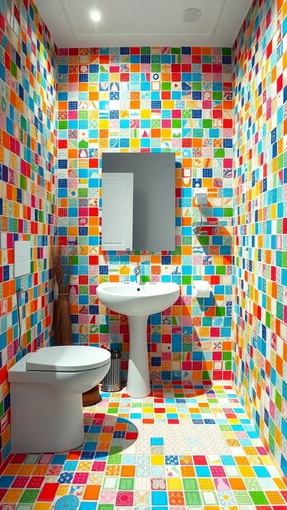 Bathroom with colorful mosaic tiles on the walls and floor