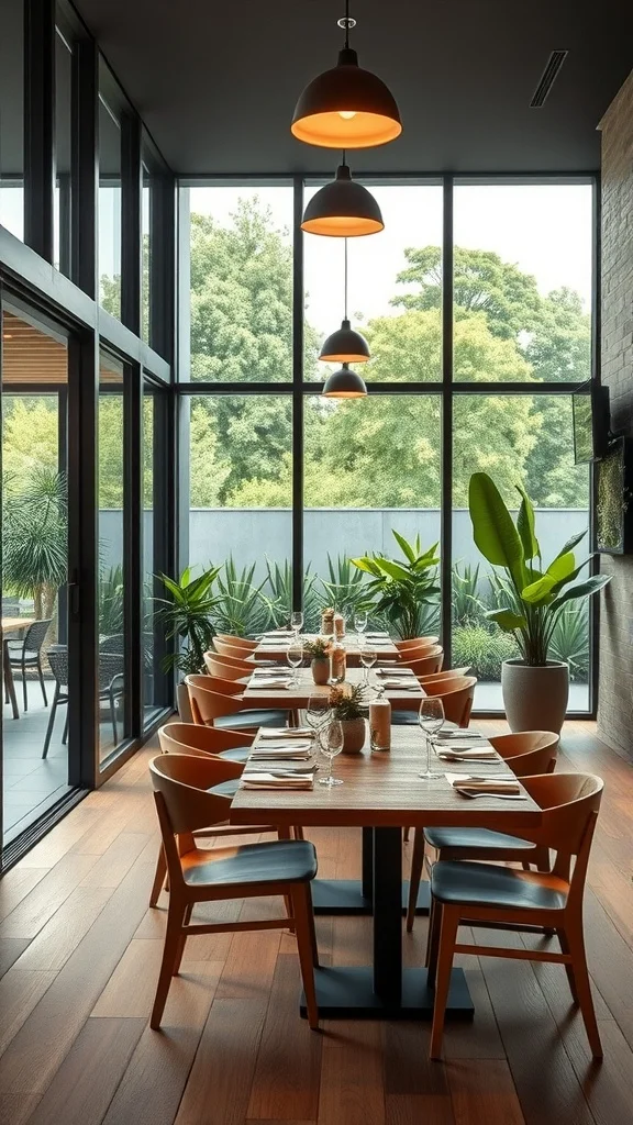 Indoor dining room with large windows and outdoor view.