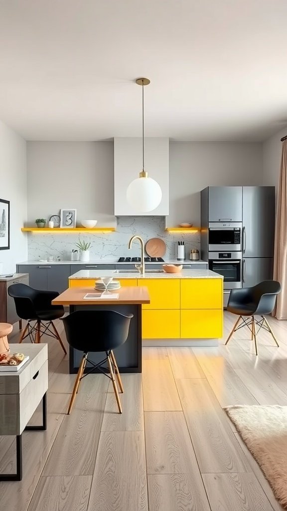 A contemporary kitchen featuring a bright yellow island, modern appliances, and stylish seating.