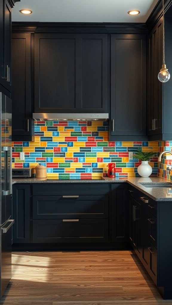 A dark kitchen with colorful, bright backsplash tiles.