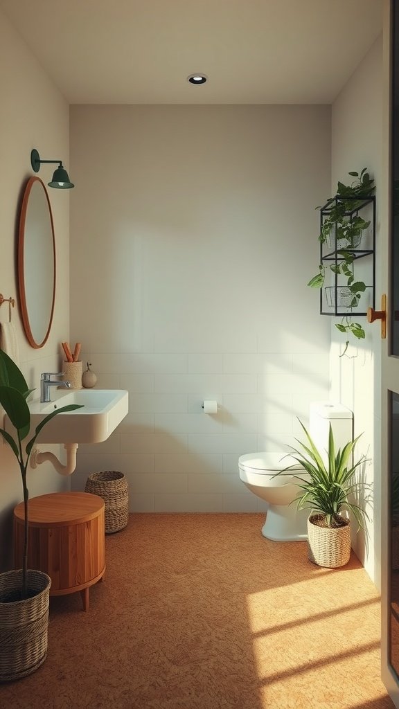 A bright bathroom with cork flooring, modern fixtures, and plants