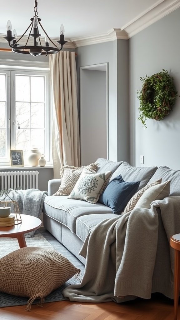 A cozy living room with grey textiles, featuring a grey sofa adorned with various pillows and a soft throw.