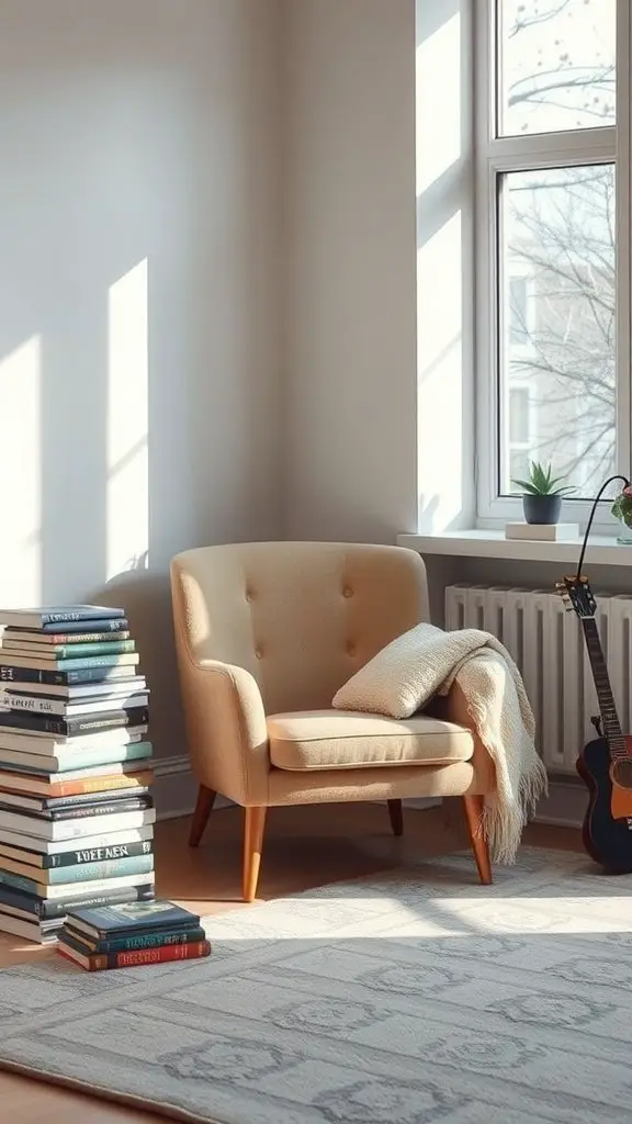 A cozy reading nook in a modern living room with a chair, books, and sunlight.