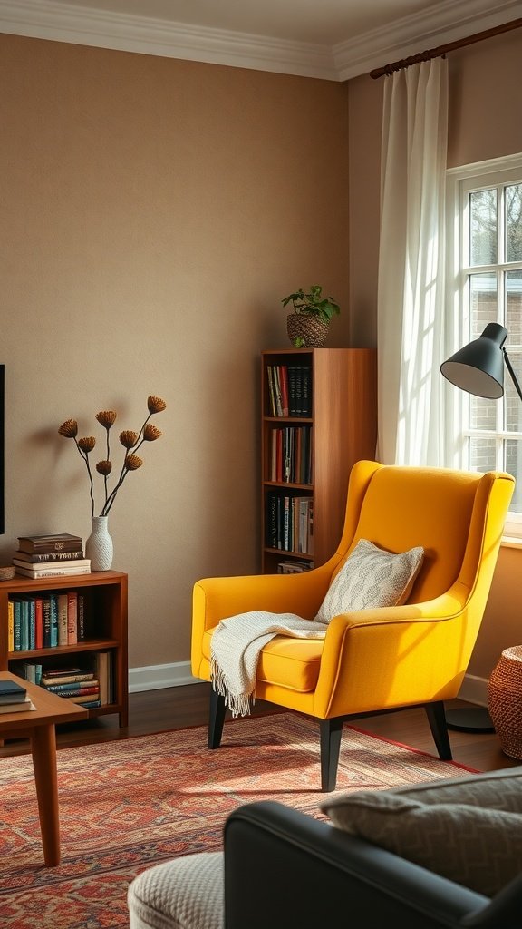 Cozy reading nook featuring a bright yellow chair, bookshelves, and warm lighting.