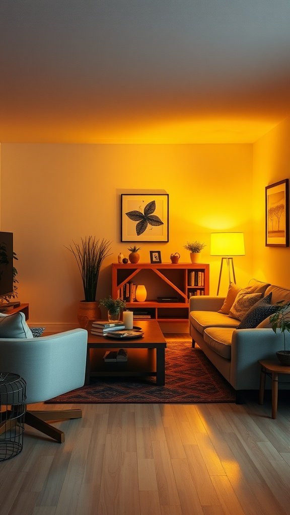 Cozy living room with warm yellow lighting, comfortable seating, and decorative elements.