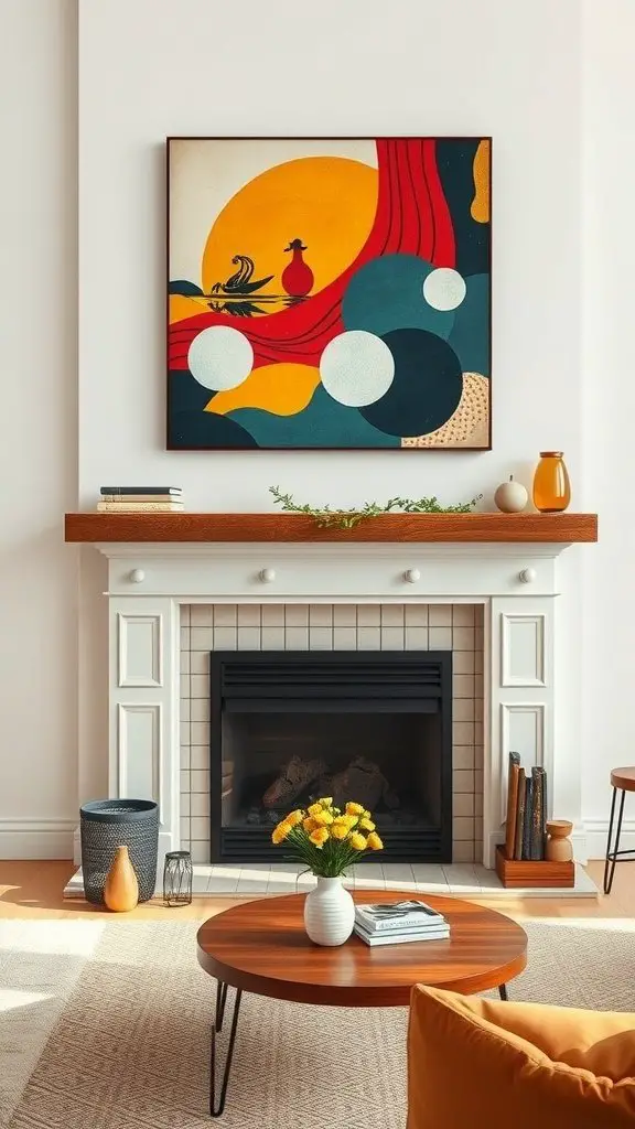 A cozy living room featuring a colorful artwork above a fireplace, with a round coffee table and a vase of flowers.