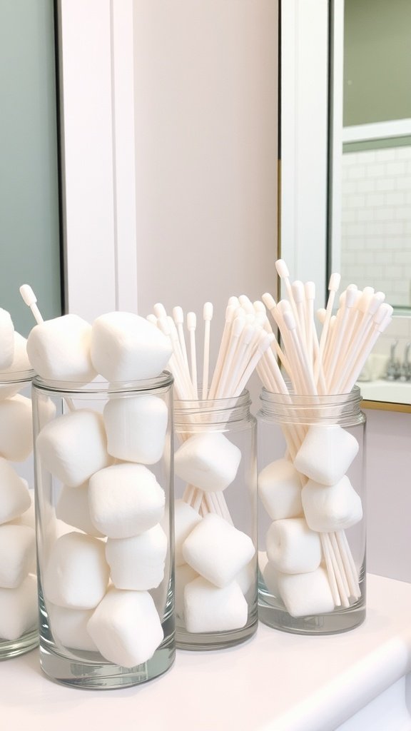 Clear glass containers filled with cotton balls and cotton swabs on a bathroom countertop