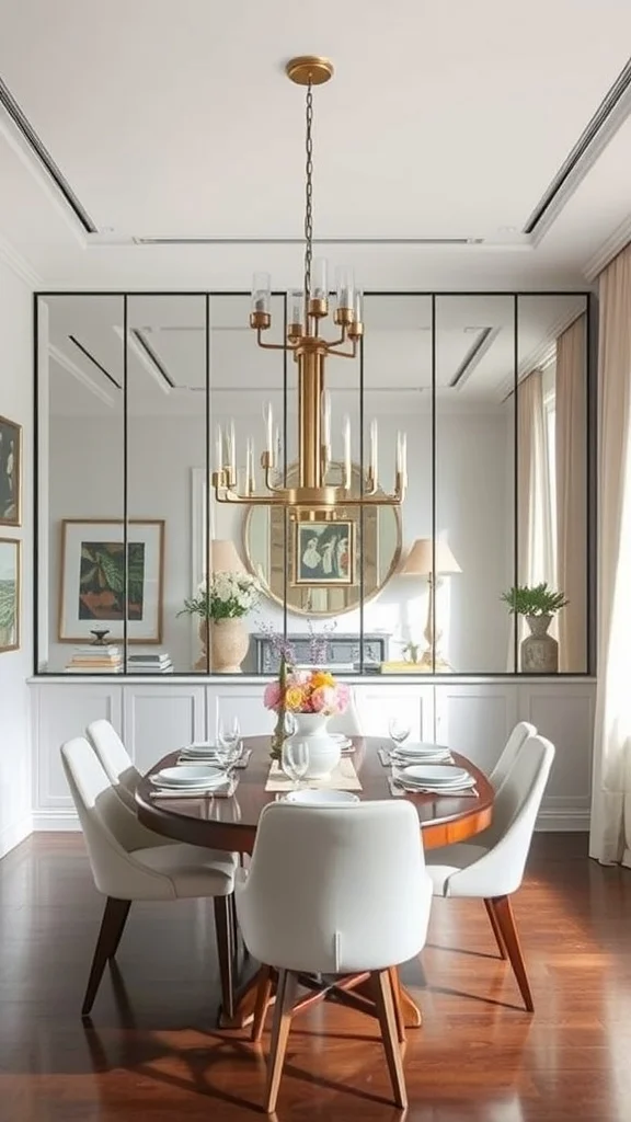 A modern dining room featuring a round table, white chairs, and a large mirror reflecting light.