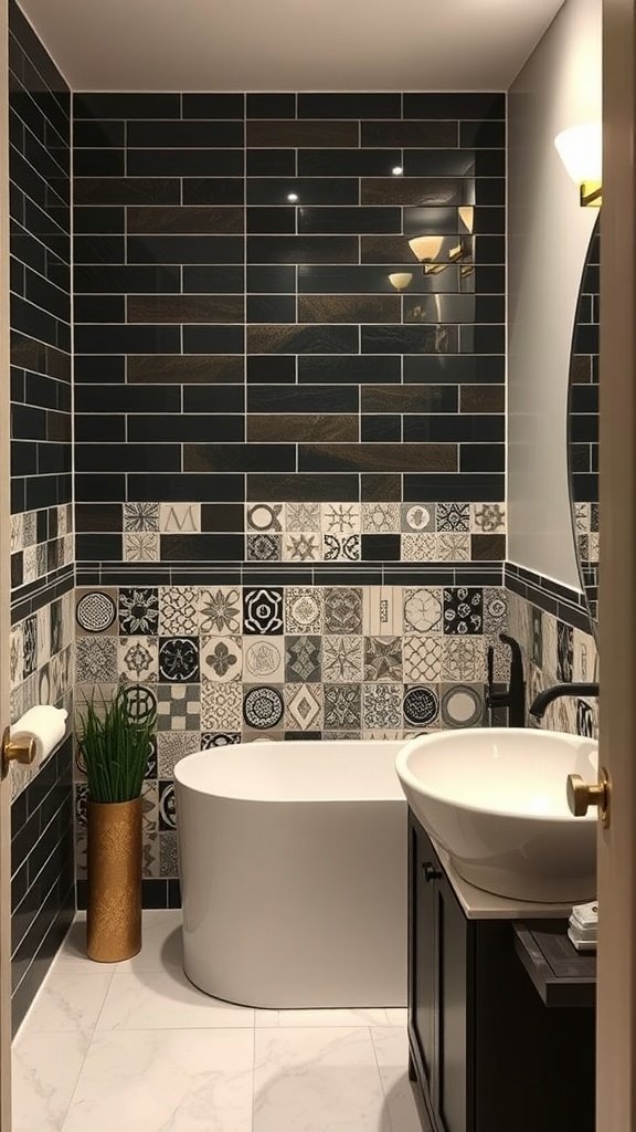 A modern bathroom featuring a mix of patterned tiles on the backsplash and sleek black tiles.