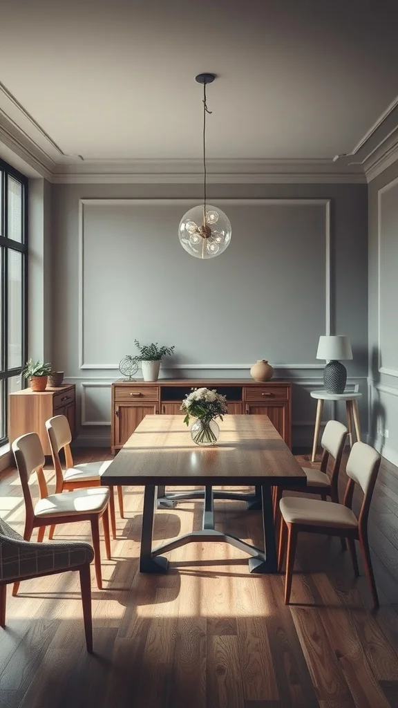 A modern dining room with a large wooden table, stylish chairs, and decorative items.