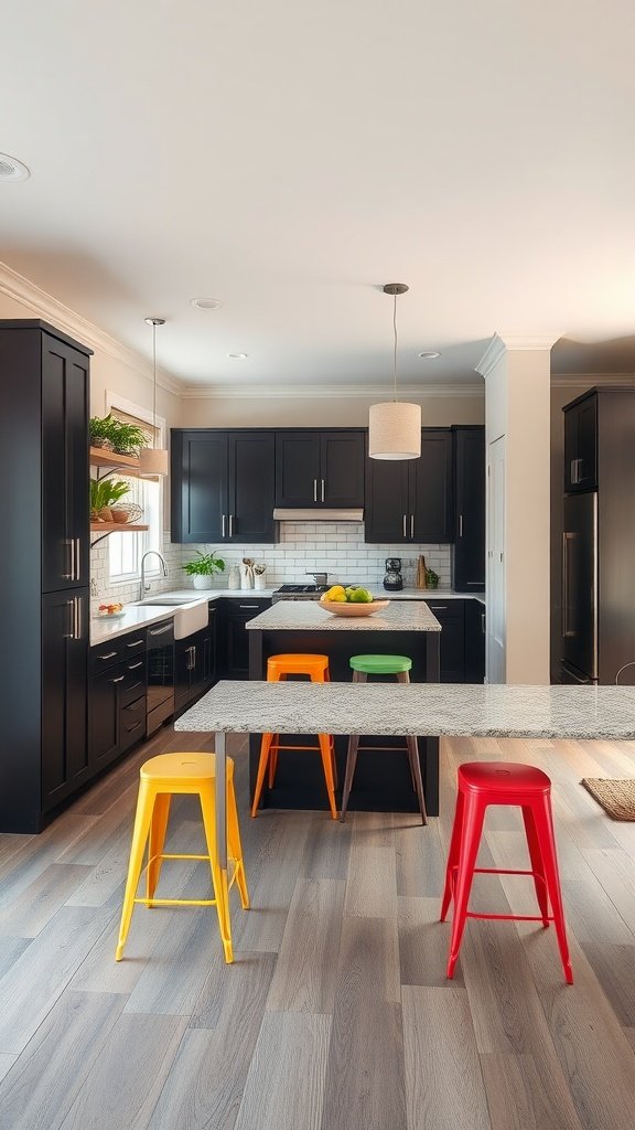 A modern kitchen featuring dark cabinets and colorful stools