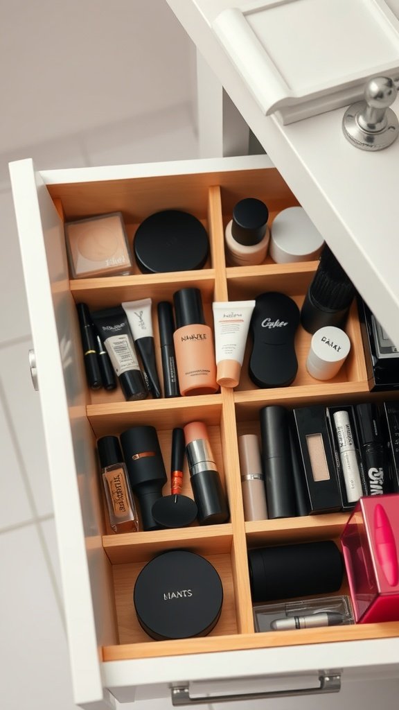 Organized bathroom drawer with dividers separating various beauty products.