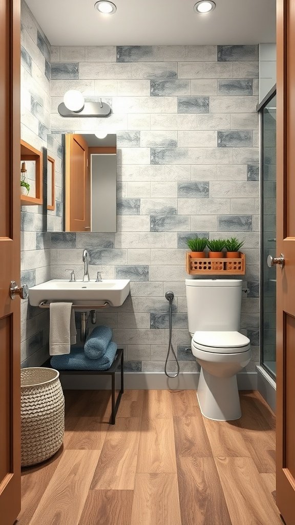 A modern bathroom with laminate flooring, featuring a sink, toilet, and decorative wall tiles.