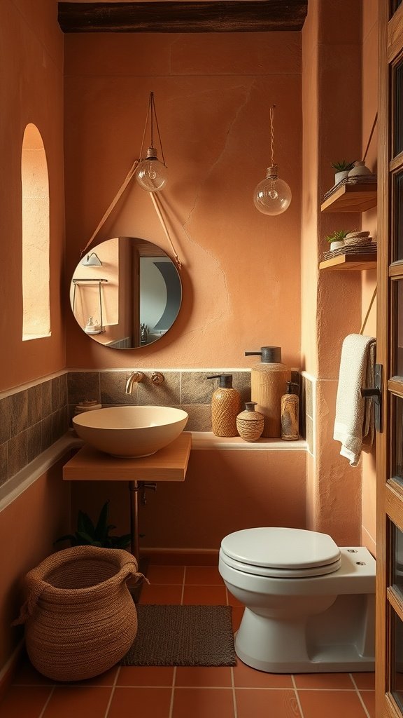 A cozy bathroom with earthy terracotta walls, wooden shelves, and a modern sink.