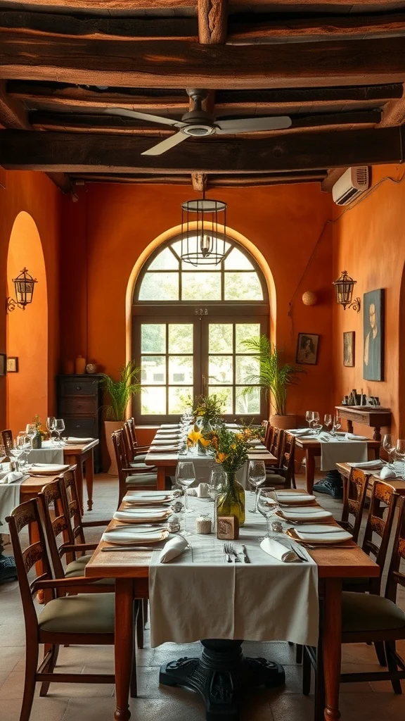 Rustic dining room with terracotta walls and wooden furniture.