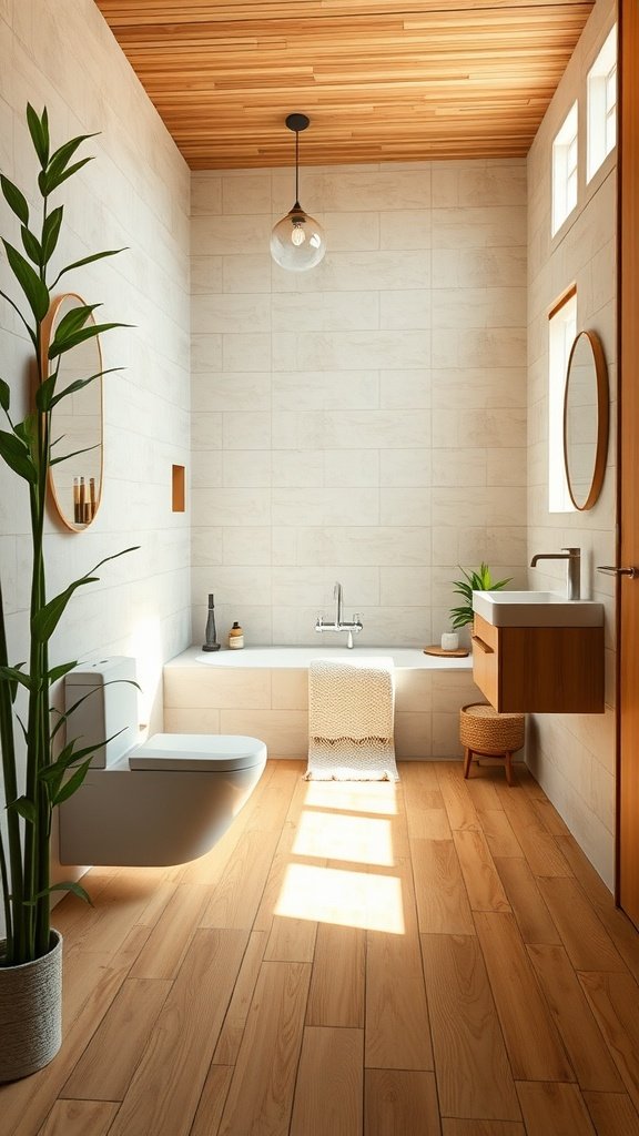 A modern bathroom featuring bamboo flooring and natural decor.