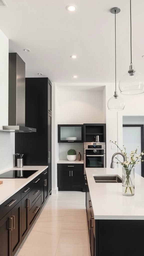 Modern kitchen featuring black cabinetry and white countertops