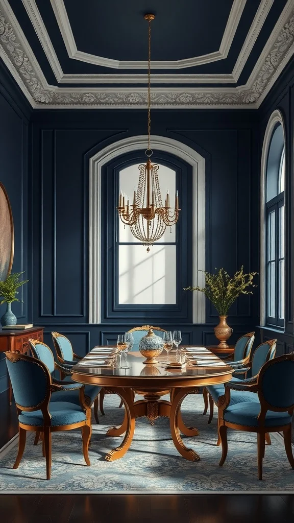 A dining room featuring elegant navy blue walls, ornate ceiling, and a wooden dining table with blue upholstered chairs.