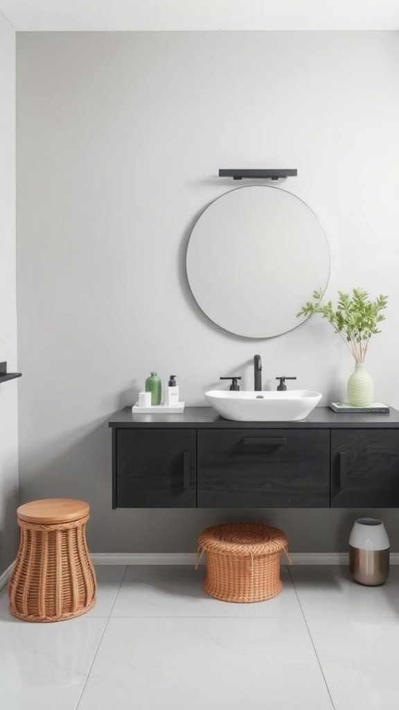 A stylish bathroom featuring soft gray walls, minimalist black accents, and natural decor elements.