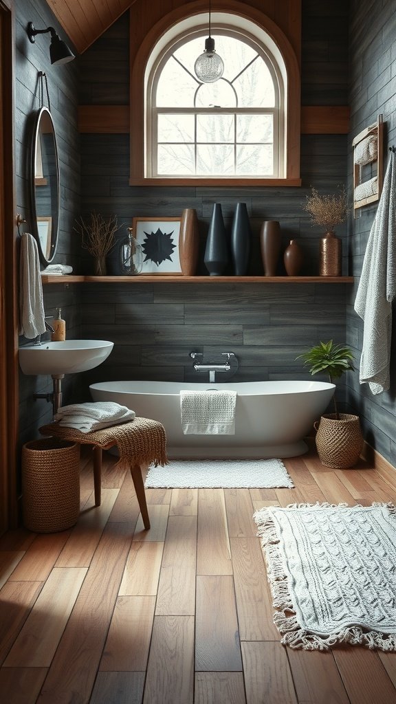 A stylish bathroom featuring engineered wood flooring, a freestanding bathtub, and modern decor.